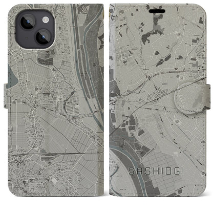 【指扇（埼玉県）】地図柄iPhoneケース（手帳タイプ）モノトーン・iPhone 14 Plus 用