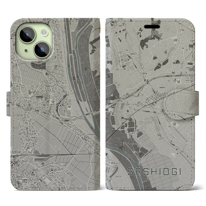 【指扇（埼玉県）】地図柄iPhoneケース（手帳タイプ）モノトーン・iPhone 15 用