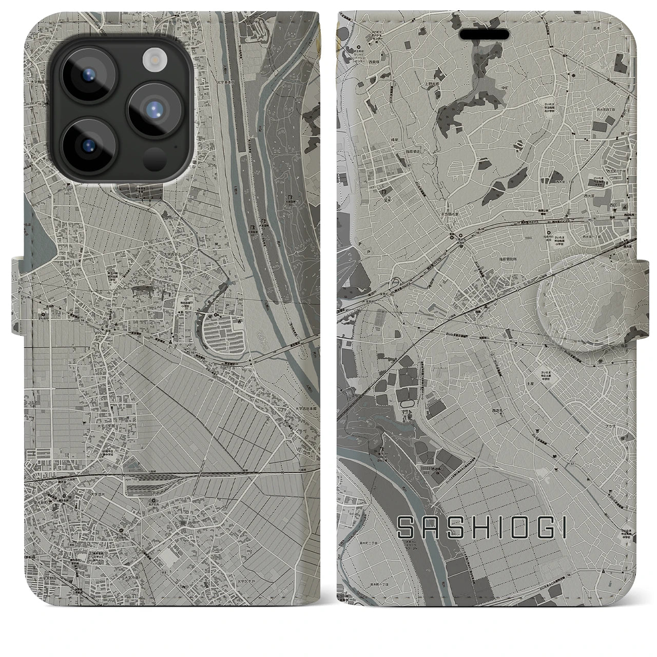 【指扇】地図柄iPhoneケース（手帳両面タイプ・モノトーン）iPhone 15 Pro Max 用
