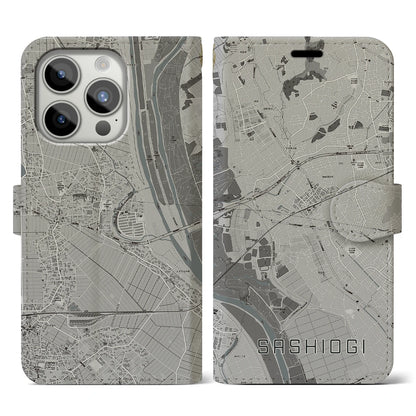 【指扇（埼玉県）】地図柄iPhoneケース（手帳タイプ）モノトーン・iPhone 15 Pro 用