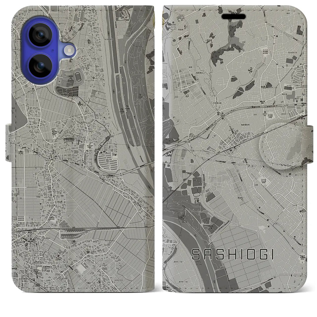 【指扇(埼玉県)】地図柄iPhoneケース(手帳タイプ)モノトーン・iPhone 16 Pro Max 用