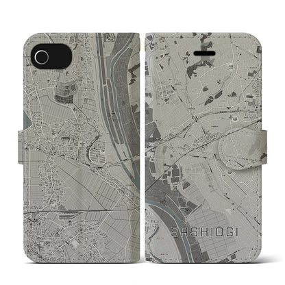 【指扇（埼玉県）】地図柄iPhoneケース（手帳タイプ）モノトーン・iPhone SE（第3 / 第2世代） / 8 / 7 / 6s / 6 用