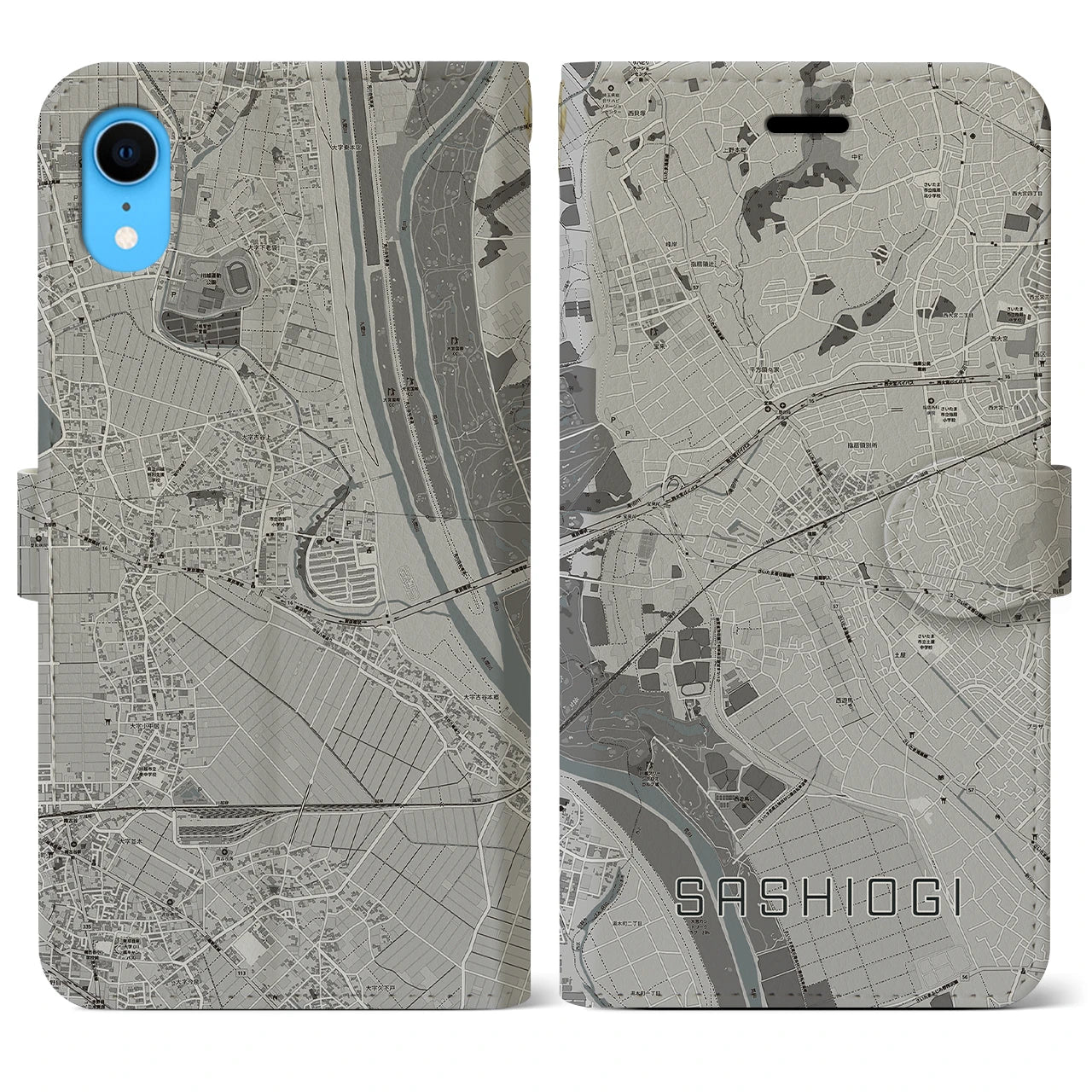 【指扇】地図柄iPhoneケース（手帳両面タイプ・モノトーン）iPhone XR 用