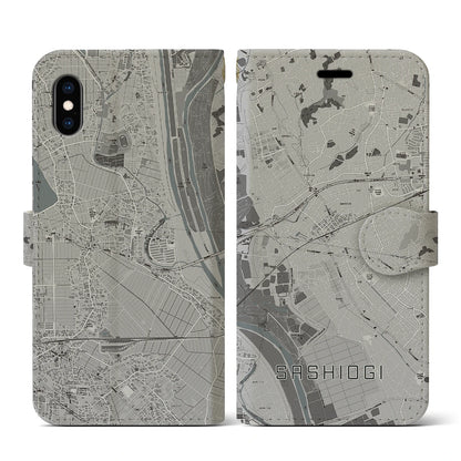 【指扇（埼玉県）】地図柄iPhoneケース（手帳タイプ）モノトーン・iPhone XS / X 用