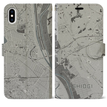 【指扇（埼玉県）】地図柄iPhoneケース（手帳タイプ）モノトーン・iPhone XS Max 用