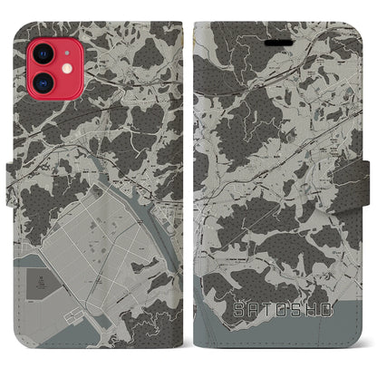 【里庄（岡山県）】地図柄iPhoneケース（手帳タイプ）モノトーン・iPhone 11 用