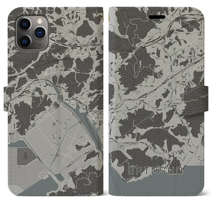 【里庄（岡山県）】地図柄iPhoneケース（手帳タイプ）モノトーン・iPhone 11 Pro Max 用