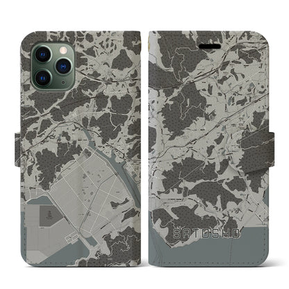 【里庄（岡山県）】地図柄iPhoneケース（手帳タイプ）モノトーン・iPhone 11 Pro 用