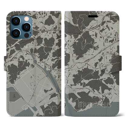 【里庄（岡山県）】地図柄iPhoneケース（手帳タイプ）モノトーン・iPhone 12 / 12 Pro 用