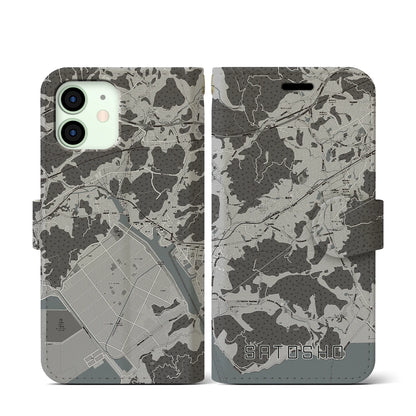 【里庄（岡山県）】地図柄iPhoneケース（手帳タイプ）モノトーン・iPhone 12 mini 用