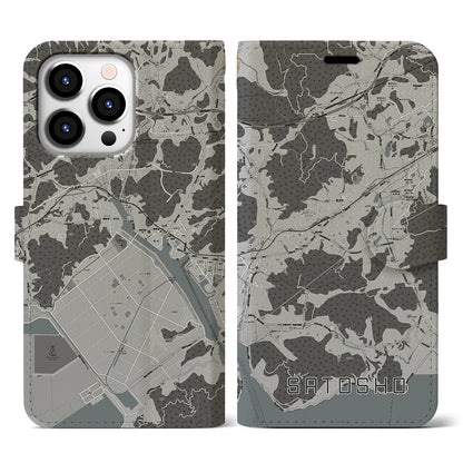 【里庄（岡山県）】地図柄iPhoneケース（手帳タイプ）モノトーン・iPhone 13 Pro 用