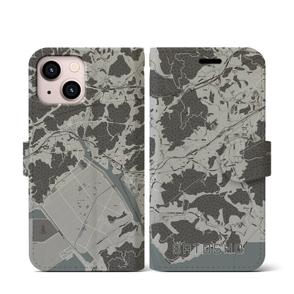 【里庄（岡山県）】地図柄iPhoneケース（手帳タイプ）モノトーン・iPhone 13 mini 用