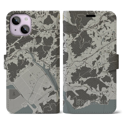 【里庄（岡山県）】地図柄iPhoneケース（手帳タイプ）モノトーン・iPhone 14 用