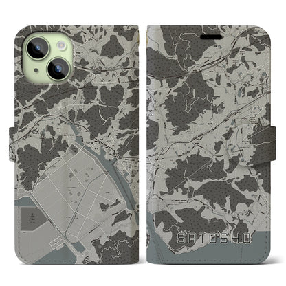 【里庄（岡山県）】地図柄iPhoneケース（手帳タイプ）モノトーン・iPhone 15 用