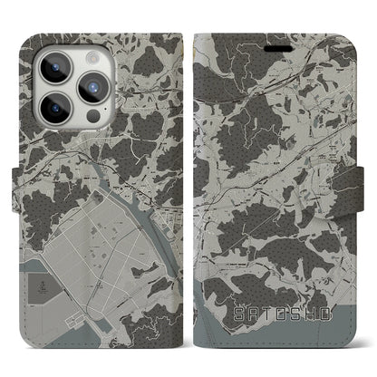 【里庄（岡山県）】地図柄iPhoneケース（手帳タイプ）モノトーン・iPhone 15 Pro 用