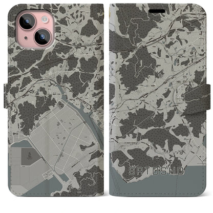 【里庄（岡山県）】地図柄iPhoneケース（手帳タイプ）モノトーン・iPhone 15 Plus 用