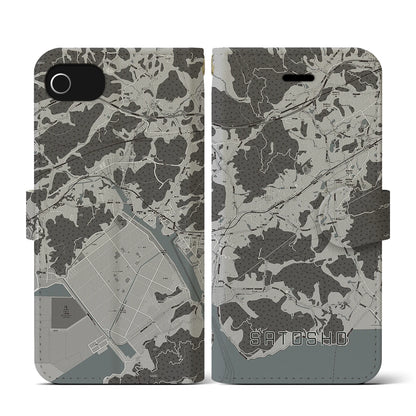 【里庄（岡山県）】地図柄iPhoneケース（手帳タイプ）モノトーン・iPhone SE（第3 / 第2世代） / 8 / 7 / 6s / 6 用