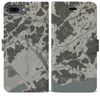 【里庄（岡山県）】地図柄iPhoneケース（手帳タイプ）モノトーン・iPhone 8Plus /7Plus / 6sPlus / 6Plus 用