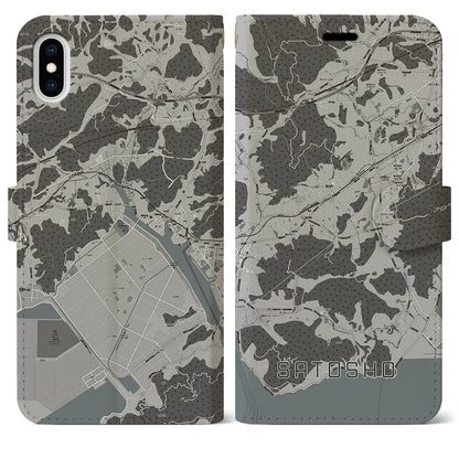 【里庄（岡山県）】地図柄iPhoneケース（手帳タイプ）モノトーン・iPhone XS Max 用