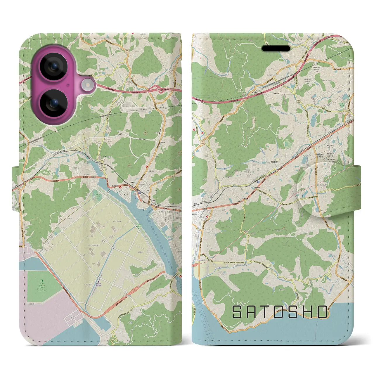 【里庄（岡山県）】地図柄iPhoneケース（手帳タイプ）ナチュラル・iPhone 16 Pro 用