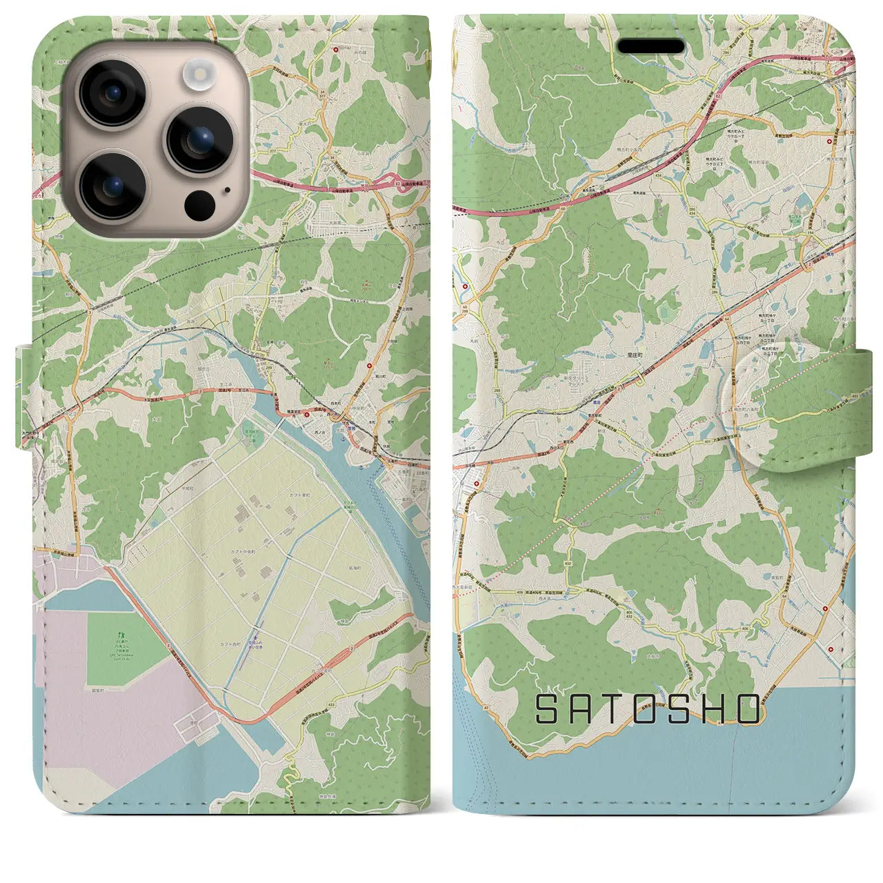 【里庄（岡山県）】地図柄iPhoneケース（手帳タイプ）ナチュラル・iPhone 16 Plus 用