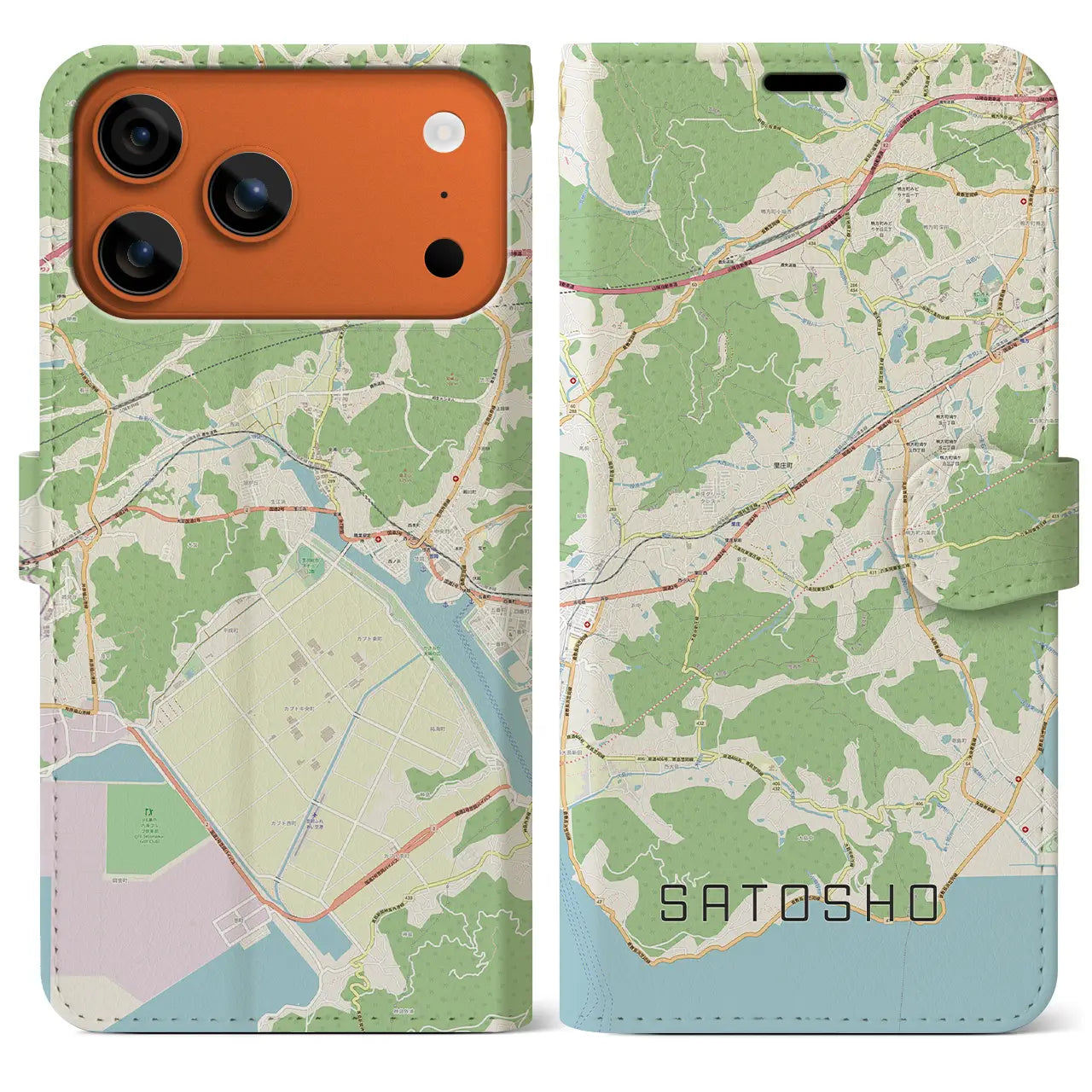 【里庄（岡山県）】地図柄iPhoneケース（手帳タイプ）