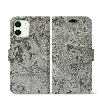 【五月台（神奈川県）】地図柄iPhoneケース（手帳タイプ）モノトーン・iPhone 12 mini 用