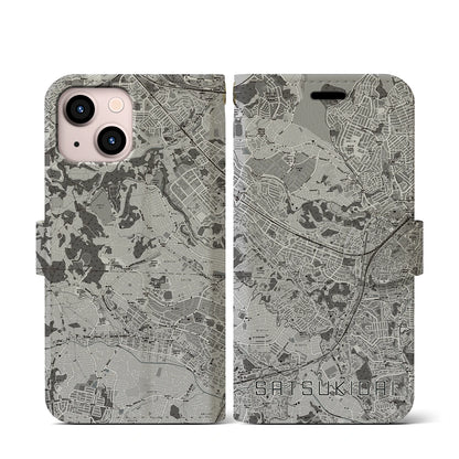 【五月台（神奈川県）】地図柄iPhoneケース（手帳タイプ）モノトーン・iPhone 13 mini 用