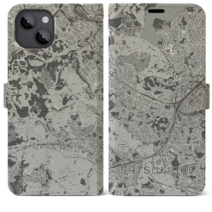 【五月台（神奈川県）】地図柄iPhoneケース（手帳タイプ）モノトーン・iPhone 14 Plus 用