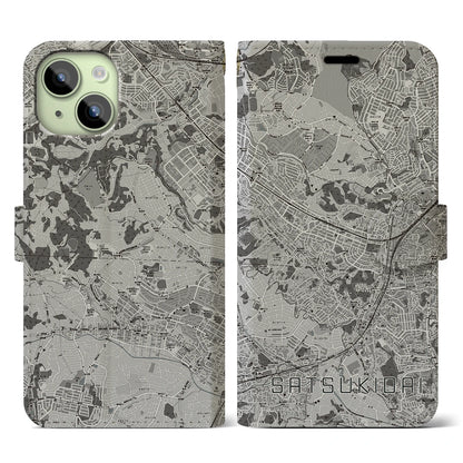 【五月台（神奈川県）】地図柄iPhoneケース（手帳タイプ）モノトーン・iPhone 15 用