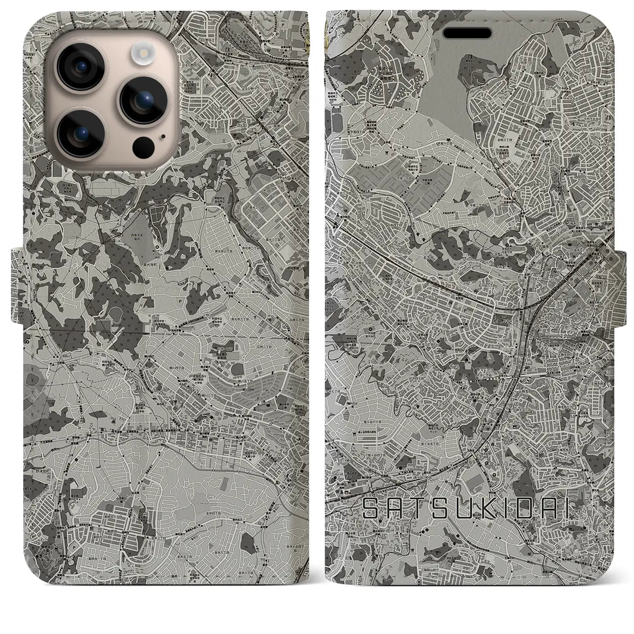 【五月台（神奈川県）】地図柄iPhoneケース（手帳タイプ）モノトーン・iPhone 16 Plus 用