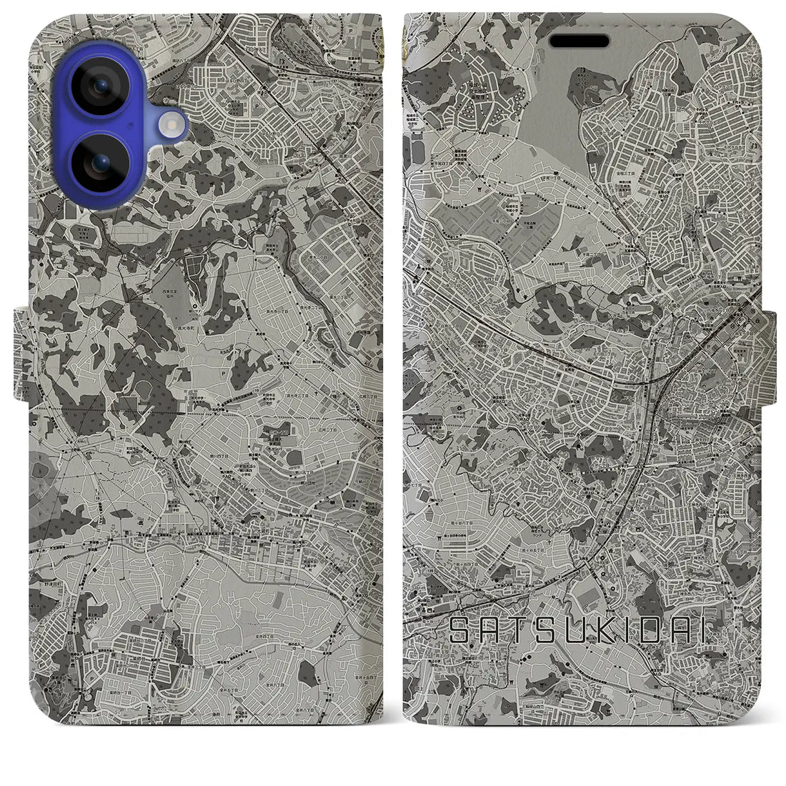 【五月台(神奈川県)】地図柄iPhoneケース(手帳タイプ)モノトーン・iPhone 16 Pro Max 用