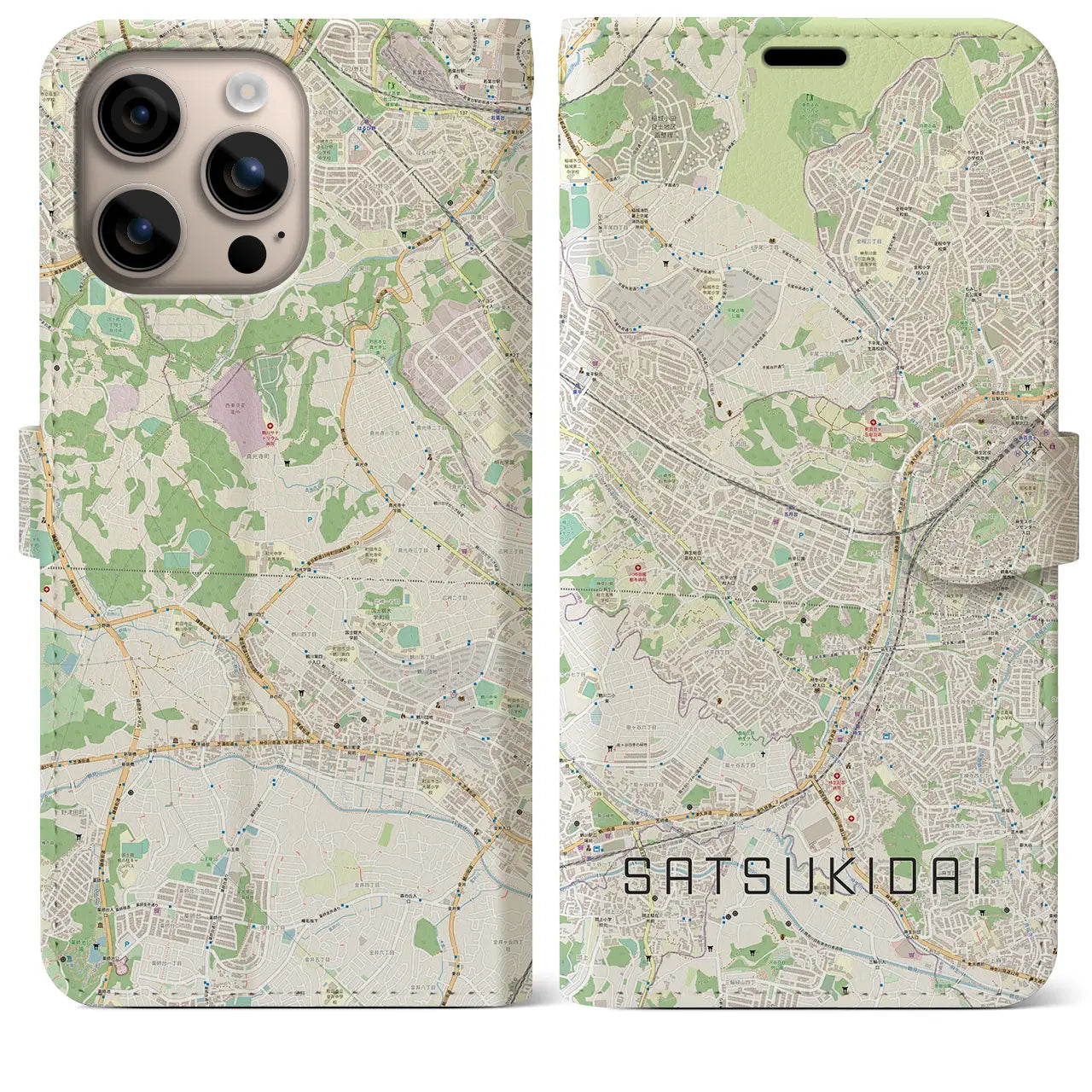 【五月台（神奈川県）】地図柄iPhoneケース（手帳タイプ）ナチュラル・iPhone 16 Plus 用