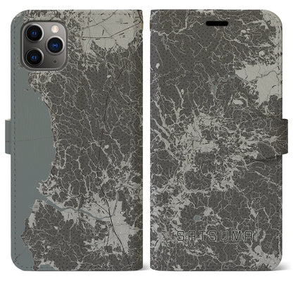 【さつま（鹿児島県）】地図柄iPhoneケース（手帳タイプ）モノトーン・iPhone 11 Pro Max 用