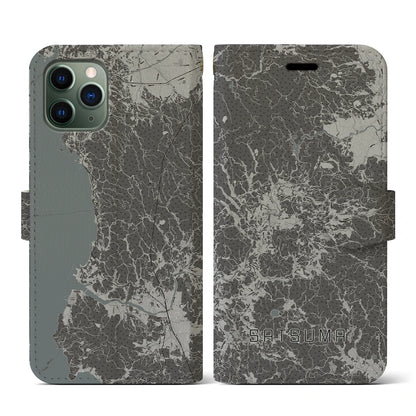 【さつま（鹿児島県）】地図柄iPhoneケース（手帳タイプ）モノトーン・iPhone 11 Pro 用