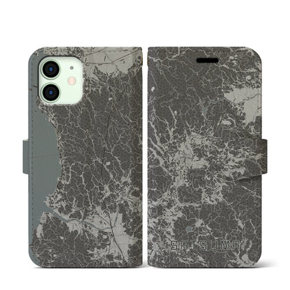 【さつま（鹿児島県）】地図柄iPhoneケース（手帳タイプ）モノトーン・iPhone 12 mini 用