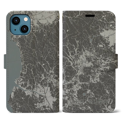 【さつま（鹿児島県）】地図柄iPhoneケース（手帳タイプ）モノトーン・iPhone 13 用