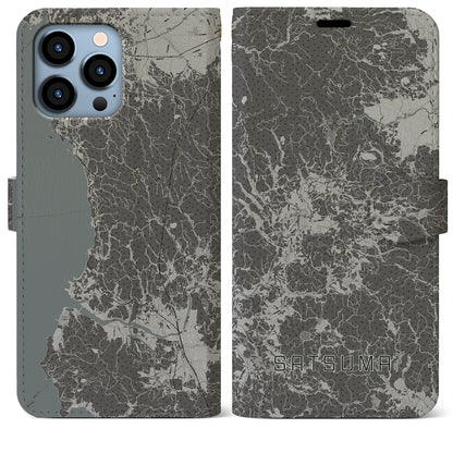 【さつま（鹿児島県）】地図柄iPhoneケース（手帳タイプ）モノトーン・iPhone 13 Pro Max 用