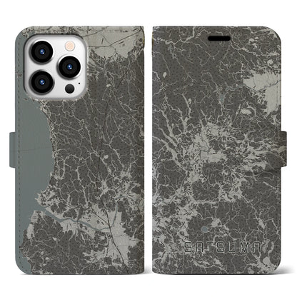 【さつま（鹿児島県）】地図柄iPhoneケース（手帳タイプ）モノトーン・iPhone 13 Pro 用