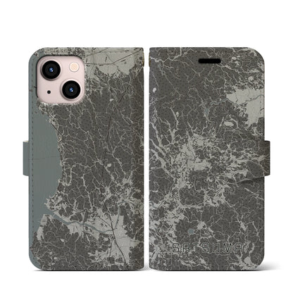 【さつま（鹿児島県）】地図柄iPhoneケース（手帳タイプ）モノトーン・iPhone 13 mini 用