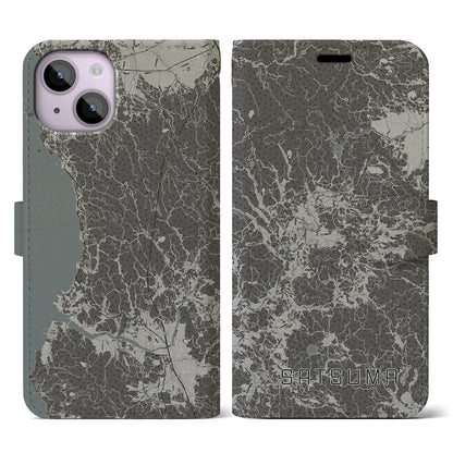 【さつま（鹿児島県）】地図柄iPhoneケース（手帳タイプ）モノトーン・iPhone 14 用