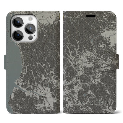 【さつま（鹿児島県）】地図柄iPhoneケース（手帳タイプ）モノトーン・iPhone 14 Pro 用