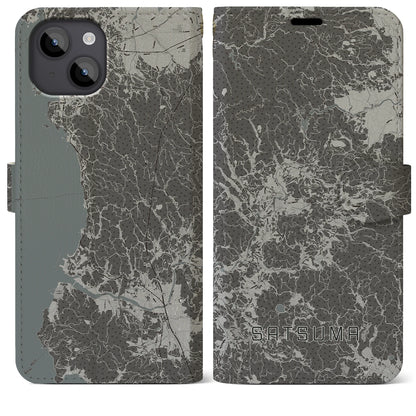【さつま（鹿児島県）】地図柄iPhoneケース（手帳タイプ）モノトーン・iPhone 14 Plus 用