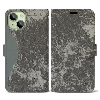 【さつま（鹿児島県）】地図柄iPhoneケース（手帳タイプ）モノトーン・iPhone 15 用