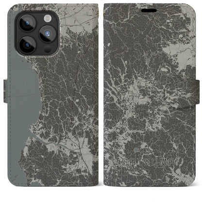 【さつま（鹿児島県）】地図柄iPhoneケース（手帳タイプ）モノトーン・iPhone 15 Pro Max 用