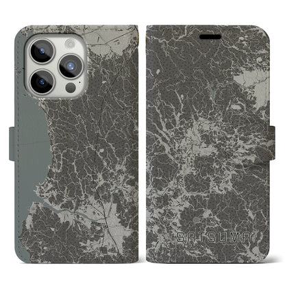 【さつま（鹿児島県）】地図柄iPhoneケース（手帳タイプ）モノトーン・iPhone 15 Pro 用