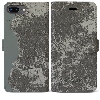 【さつま（鹿児島県）】地図柄iPhoneケース（手帳タイプ）モノトーン・iPhone 8Plus /7Plus / 6sPlus / 6Plus 用