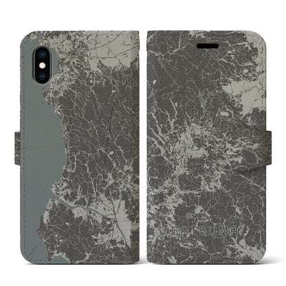 【さつま（鹿児島県）】地図柄iPhoneケース（手帳タイプ）モノトーン・iPhone XS / X 用