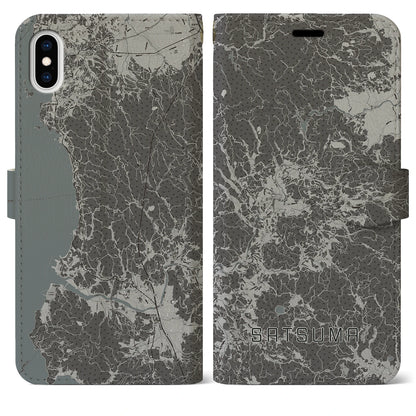【さつま（鹿児島県）】地図柄iPhoneケース（手帳タイプ）モノトーン・iPhone XS Max 用