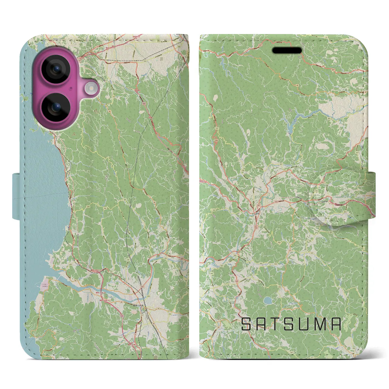 【さつま（鹿児島県）】地図柄iPhoneケース（手帳タイプ）ナチュラル・iPhone 16 Pro 用